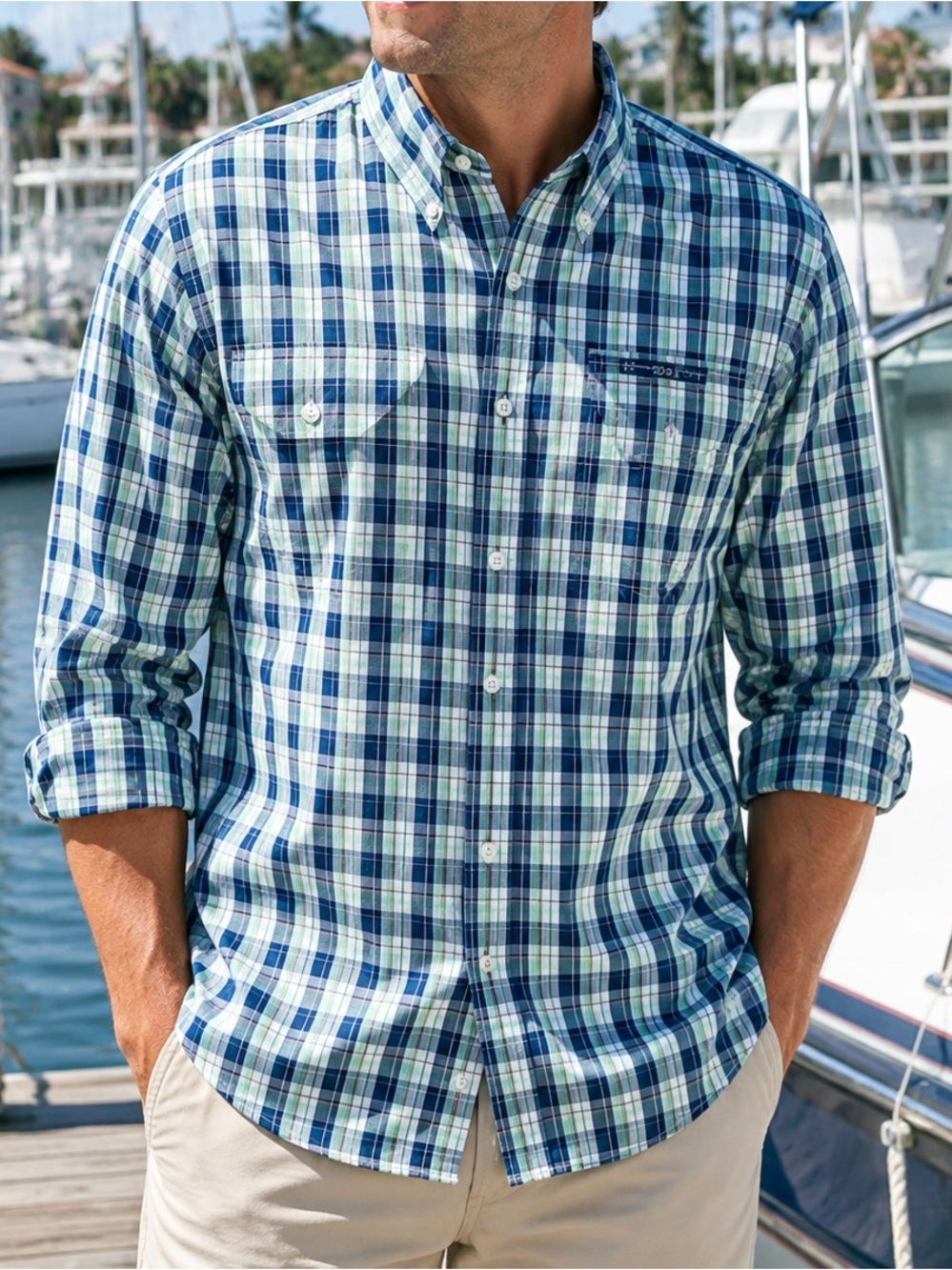 IZOD Surfcaster Fishing Shirt Mens L Blue Plaid UPF Vented Coastal Button Down